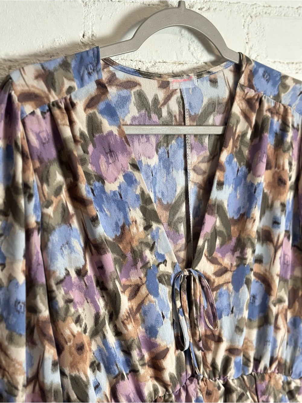 FP Boho Watercolor Floral Tiered V-Neck Ruffle Dress Bow Sleeve in Blue Lavender
